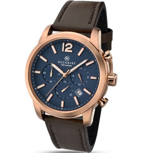 Accurist Chronograph Blue Dial Brown Leather Strap Gents Watch 7021
