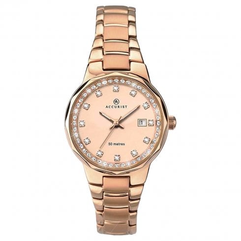 Accurist London Ladies Rose Gold Plated Stone Set Bracelet Watch 8017