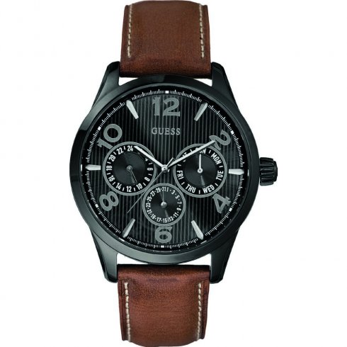 Guess Passage black dial leather strap Mens watch W0493G3