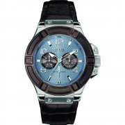 Guess Rigor blue dial leather strap Mens watch W0040G10
