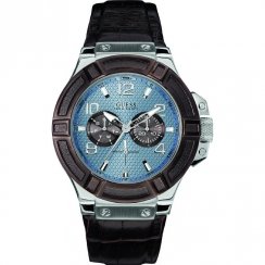 Guess Rigor blue dial leather strap Mens watch W0040G10