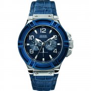 Guess Rigor blue dial leather strap Mens watch W0040G7