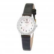 Limit Ladies Chrome Classic Mother of Pearl Stone Set Black Strap Watch 6490