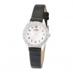 Limit Ladies Chrome Classic Mother of Pearl Stone Set Black Strap Watch 6490