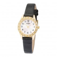 Limit Ladies Gold Classic Mother of Pearl Stone Set Black Strap Watch 6491
