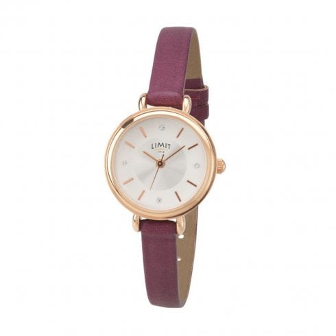 Limit Ladies Stone Set Silver Dial Burgundy Strap Wristwatch 6291