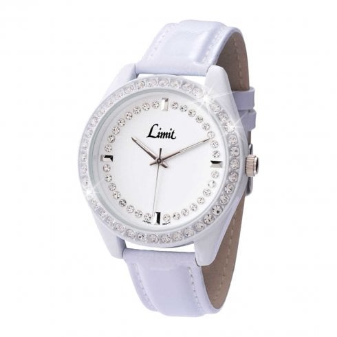 Limit Ladies White Faux Leather Stone Set Wristwatch 6831