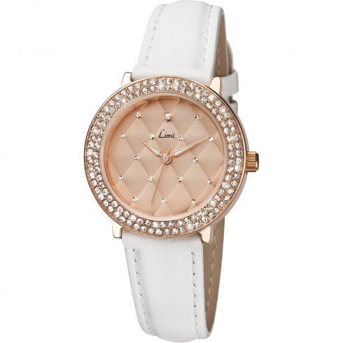 Limit Stone Set Rose Quilt Dial White Leather Strap Ladies Watch 6106