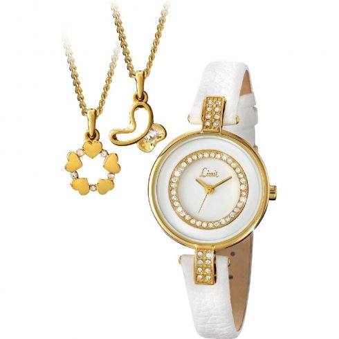 Limit White Dial White Leather Strap Ladies Watch with Gold Pendant Gift Set 6014G
