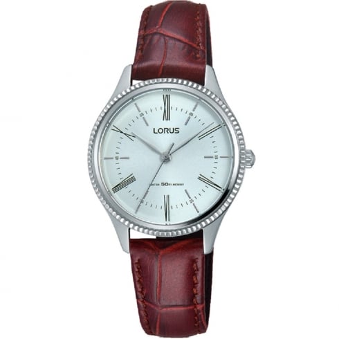 Lorus Classic Silver Dial Burgundy Leather Strap Ladies Watch RRS69VX9