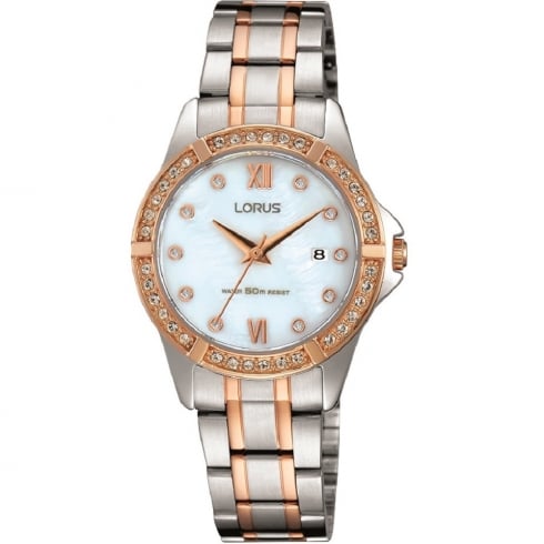 Lorus Just Sparkle White Dial 2 Tone Bracelet Ladies Watch RJ224BX9