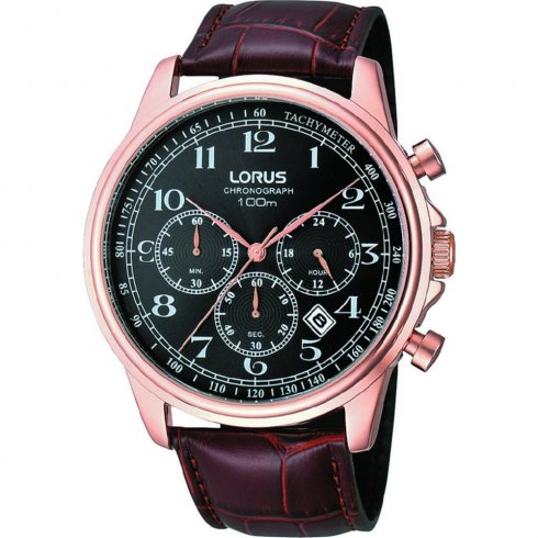 Lorus Sports Chronograph black dial Brown Leather strap Mens watch RT312CX9