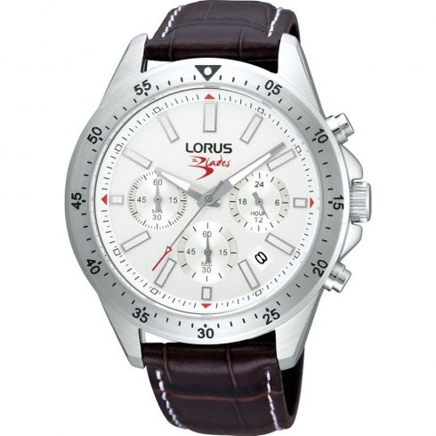 Lorus Sports Chronograph Silver Dial Leather Strap Mens Watch RT355AX9