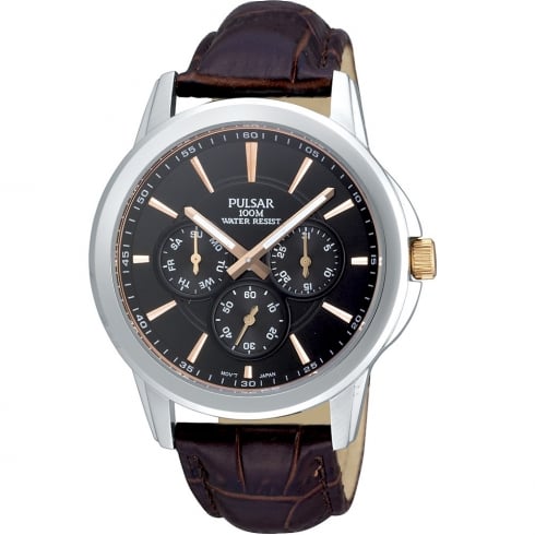 Pulsar Multi-Function Black Dial Brown Leather Strap Gents Watch PP6019X1
