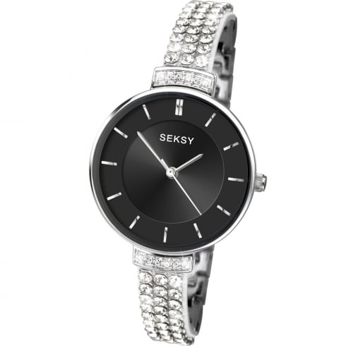 Seksy Krystal Black Dial Stone Set Resin Strap Ladies Watch 2447
