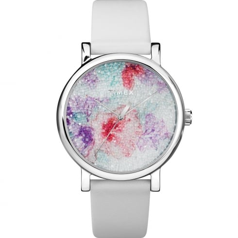 Timex Crystal Bloom Swarovski Floral Dial White Leather Strap Ladies Watch TW2R66500